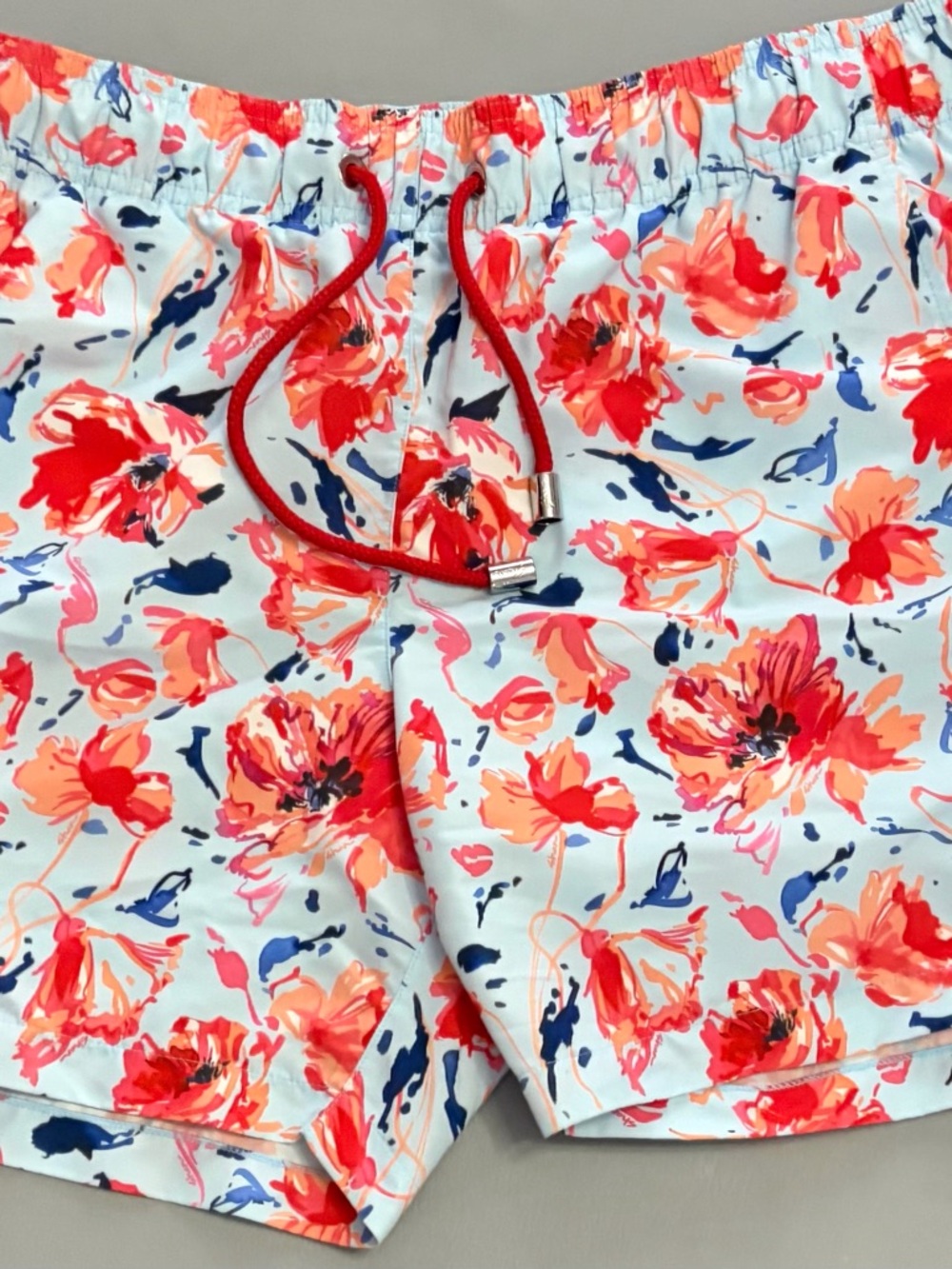 SHAN White Floral Swim Shorts with Red Drawstring